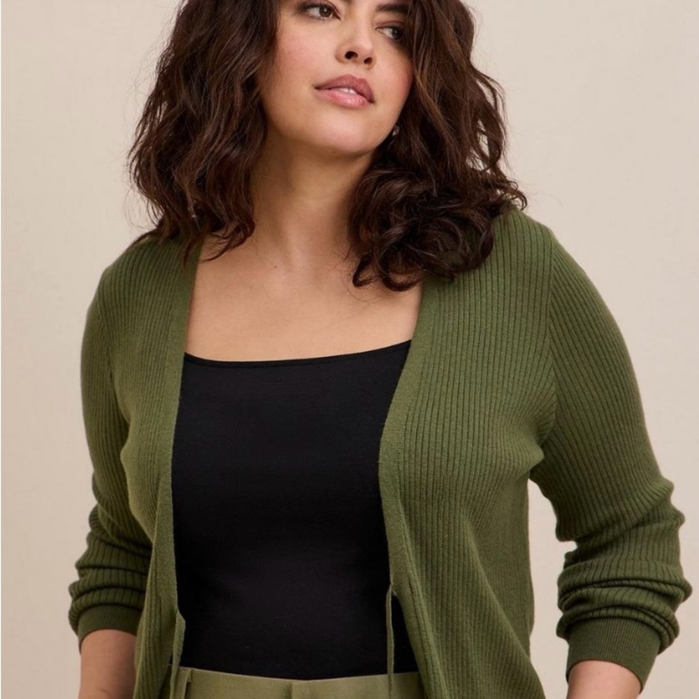 Torrid Tie-Front Ribbed Olive Cardigan - Picture 2 of 8